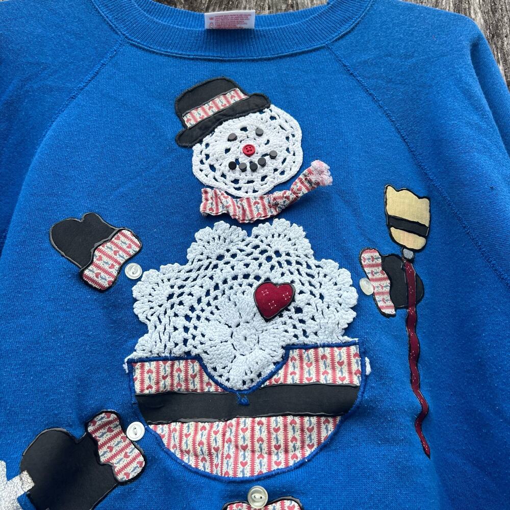 Vintage 90s Crochet Doily Snowman Decorated Winter Ugly Christmas Sweatshirt XL - Picture 2 of 4